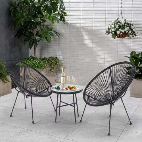 3 Piece Terrace Bistro Conversation Set With Side Table, Outdoor Flexible Rope Furniture With Coffee Table